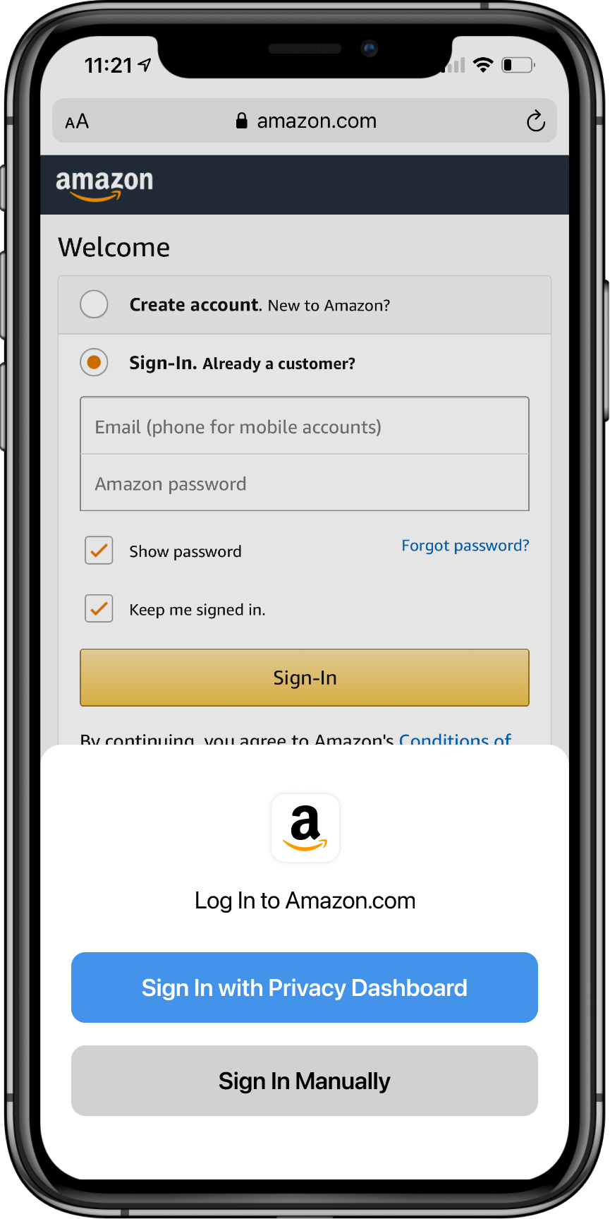 Log In to Amazon.com via Privacy Dashboard