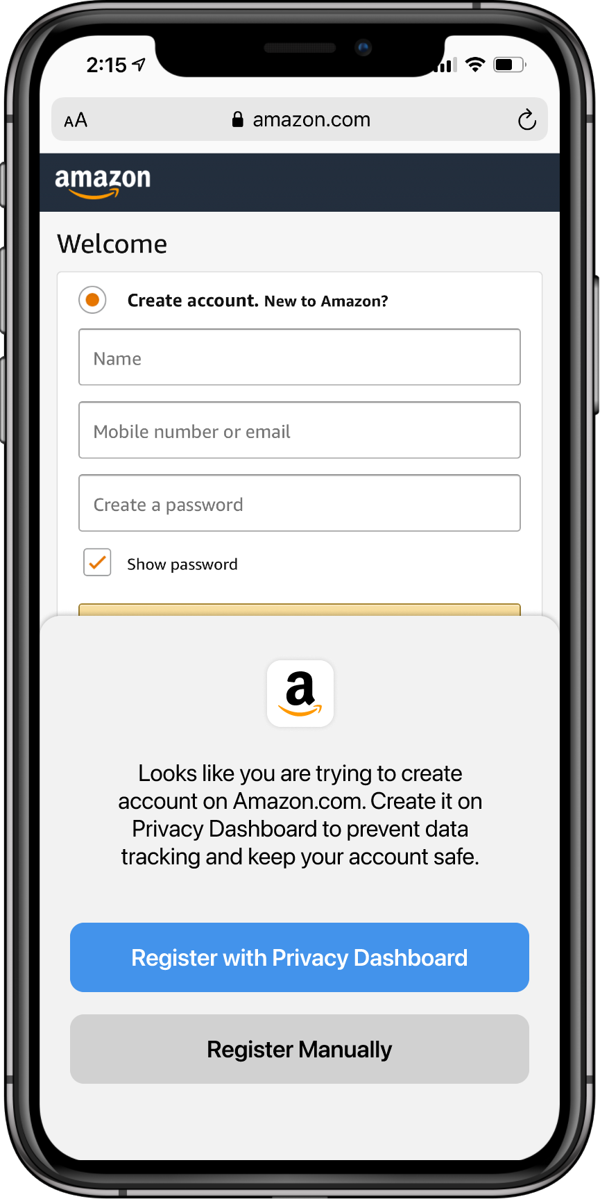 Register account on Amazon.com via Privacy Dashboard